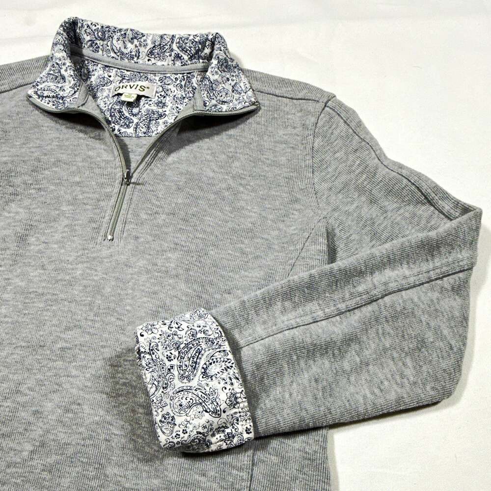 Orvis Women’s Sweater Gray Paisley Mock Neck 1/4 Zip Long Sleeve Pullover XS